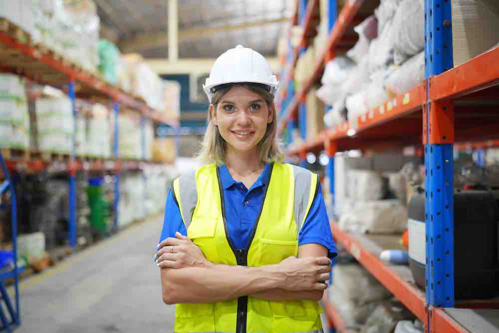 Female warehouse worker checking up on stuff in a warehouse.
